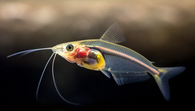 A transparent Glass Catfish swimming with its internal organs clearly visible.