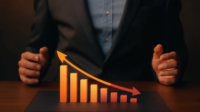 Businessman with declining bar chart and arrow showing financial loss economic downturn decreasing profit investment risk business strategy market analysis financial crisis risk management crisis