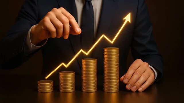 Business growth with stacked coins and rising arrow symbolizing finance, investment increase, profit success, and positive trend in financial growth and investment strategy for business success