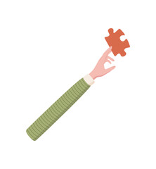 Cartoon hand holding a puzzle piece in flat style. Raised arm with a jigsaw piece as metaphor for solution and strategy. Abstract symbol representing connection and contribution with colorful
