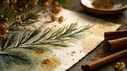 Close-up of textured paper with festive handcrafted details. Artisanal quality and personal holiday touch.