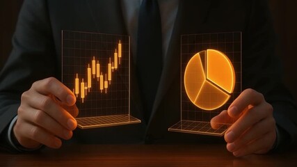 Businessman holding futuristic digital financial charts with glowing orange candlestick and pie graph symbolizing data analysis investment technology finance and digital chart for financial growth - Powered by Adobe