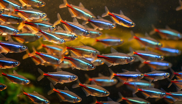 A vibrant school of neon tetra fish swimming together in an aquarium.