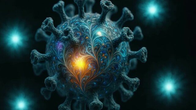 Virus particle microscopic organism glowing light with intricate fractal patterns and abstract design on dark background digital art infection biology science health pathogen medical illustration