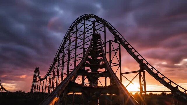 Dramatic Roller Coaster Silhouette Against Vibrant Sunset Sky Amusement Park Thrill Ride.