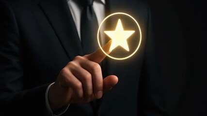 Glowing star icon business person hand pointing success achievement rating excellence symbol illuminated dark background professional gesture formal suit tie recognition digital interface concept