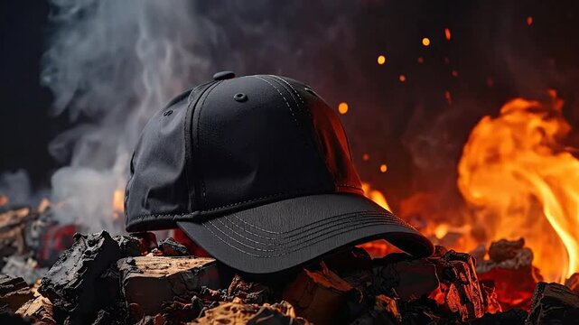 A dark baseball cap rests amidst a dramatic scene of intense flames, smoldering embers, and rising smoke, conveying a powerful sense of resilience and heat