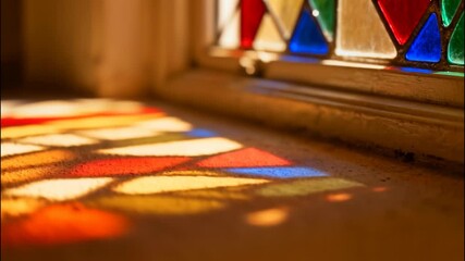 Warm sunlight streams through stained glass casting colorful patterns on a textured surface - Powered by Adobe