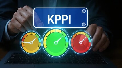 KPI concept featuring colorful speedometer gauges and digital dashboard for business performance measurement with laptop data analysis, key performance indicator visualization and progress efficiency - Powered by Adobe