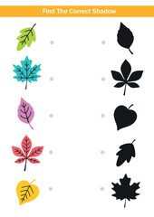 Educational find the correct shadow activity with colourful autumn leaves and matching black silhouettes. Fun fall-themed worksheet for kids, preschool learning and printable materials.