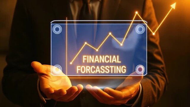 Financial forecasting concept featuring glowing chart with upward arrow and transparent digital screen held by businessman suit, symbolizing business growth, success, planning, and analysis
