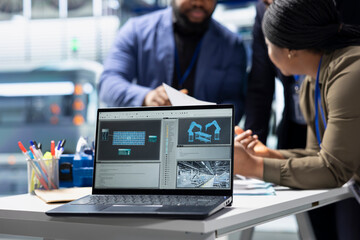 Group of professional consultants reviewing data and checklists in a high tech solar panel plant, ensuring manufacturing process meets sustainable energy and innovation standards.