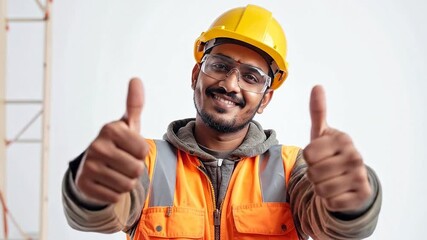 Construction worker in safety vest and hard hat giving two thumbs up with a smile