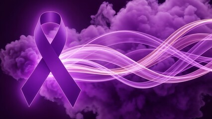 Purple cancer ribbon with glowing lightwave effect in vibrant violet colors, symbol of cancer awareness