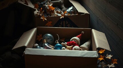 Antique Christmas pieces are arranged in a plain cardboard container. The passage of time and treasured holiday moments.
