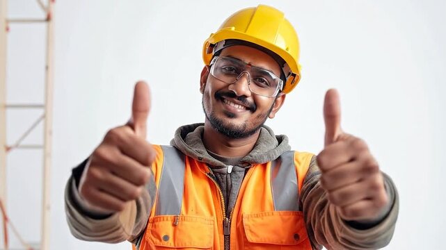 Construction worker in safety vest and hard hat giving two thumbs up with a smile