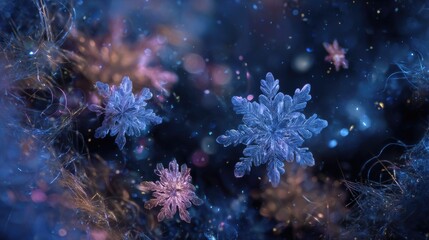 Close-up of crystalline snowflakes with soft light reflections. A joyful celebration of winter and organic patterns.