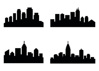Four distinct black silhouette city skylines stand out against a white background, representing urban architecture.