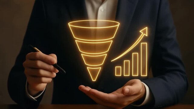 Sales funnel business growth marketing strategy digital marketing sales conversion glowing chart upward arrow hand gesture businessman business success sales process lead growth chart marketing
