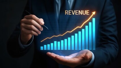 Revenue growth chart with rising bar graph and glowing arrow illustrating business success, financial data visualization, increasing profit and income on dark background for clear financial analysis - Powered by Adobe