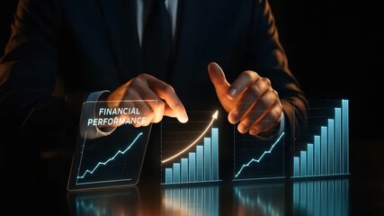 Financial performance with business person analyzing rising bar chart and graph showing growth strategy, success, and investment planning through digital interface in dark background reflection - Powered by Adobe