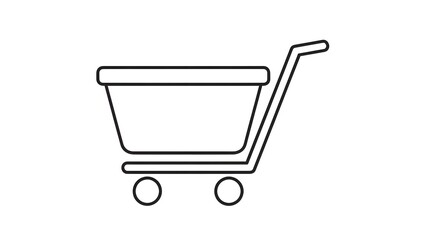 A simple black and white outline icon of an empty shopping cart, commonly used for e-commerce and retail applications.