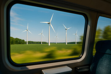 Wind turbines on green field viewed from moving train window symbolizing renewable energy, sustainable travel and low carbon transportation
