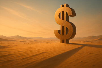 Massive cracked dollar symbol standing in empty desert landscape at sunset as metaphor for financial crisis, inflation and economic collapse

