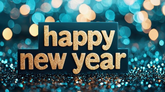 Glittering gold happy new year letters on teal background with sparkling bokeh lights, creating a festive holiday greeting