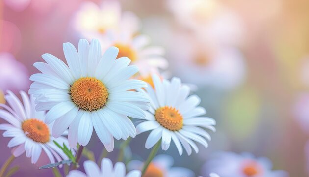 Close up of white daisy flowers with yellow centers and dew drops in soft pastel lighting with a blurred bokeh background and warm glow