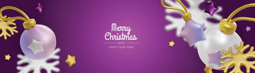 Happy New Year and Merry Christmas. Christmas holiday background with realistic 3d objects, bauble balls, conical metal stars. Levitation falling design composition.