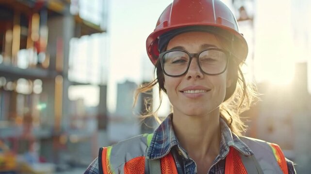 Portrait of a female construction worker wearing a hard hat and safety vest, smiling optimistically at a sunny building site - Powered by Adobe
