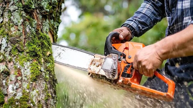 Close-up of a worker carefully felling a majestic tree with a powerful gasoline-powered chainsaw, sending sawdust and wood particles flying through the air during intense forestry work