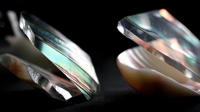 Close-up of two open seashells with iridescent colors, set against a black background, showcasing their textures and dramatic lighting.