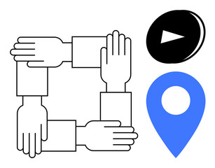 Obraz premium Team collaboration, creativity, digital media, navigation, networking, and location sharing. Hands interlocked in a square with a map pin and play button. Team collaboration and creativity concept