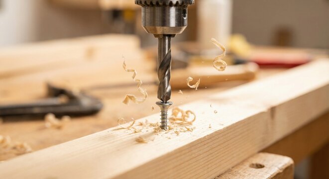 Primer plano macro de un taladro el&eacute;ctrico atornillando un tornillo en madera con virutas volando en el taller de carpinter&iacute;a.