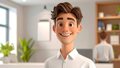 Smiling cartoon man with brown hair in bright, modern office setting