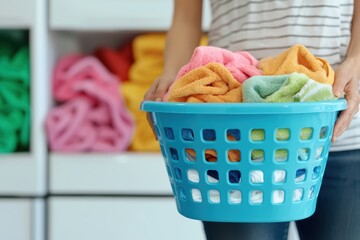 Woman carrying a turquoise laundry basket filled with freshly washed, colorful towels, ready for folding with copy space