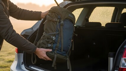 Hands lifting a backpack into a car trunk, early morning travel mood.