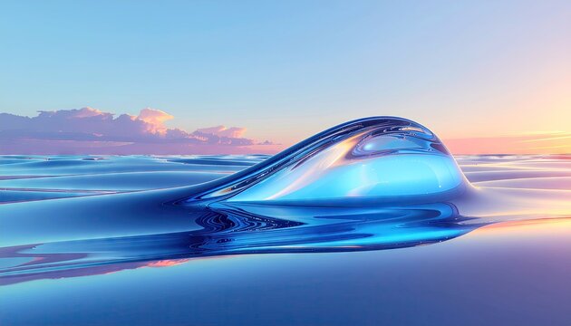 Abstract blue wave crest with pixelated texture during golden hour sunset over calm water with pastel sky and clouds