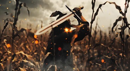 Creepy scarecrow with a sword and glowing eyes standing in a cornfield at dusk. Dark horror atmosphere with flying embers, terrifying character for Halloween and spooky fantasy concepts - Powered by Adobe