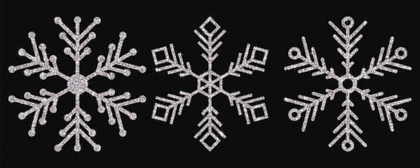 Silver Glitter Snowflakes Set. Festive decorations for Christmas or New Year
