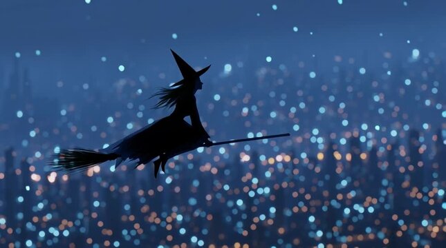 Silhouette of a witch flying on a broom over glowing city lights at night. Mystical fairy tale atmosphere, magic flight, dark background with soft bokeh and cinematic depth