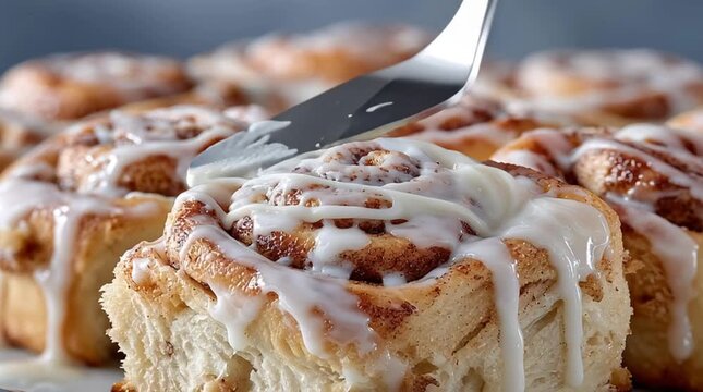 Cinnamon rolls topped with thick creamy icing in slow motion. Appetizing texture, fresh bakery, close-up of frosting process, sweet dessert for cafe and food advertising