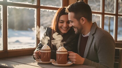 A loving couple shares a moment of warmth and intimacy while enjoying hot drinks in a cozy setting.