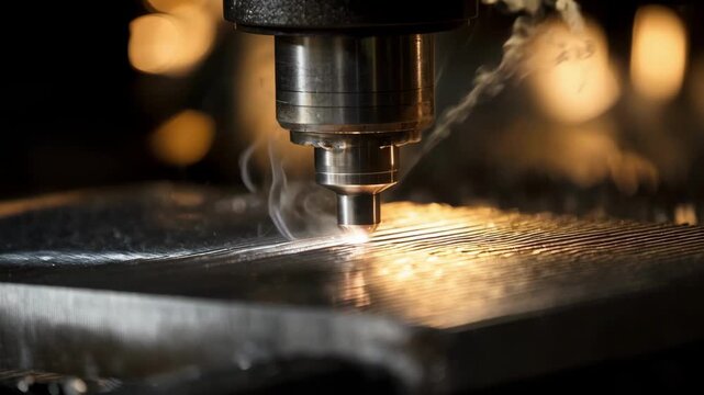 Medium shot showing laser heat treatment creating a consistent line pattern on a metallic component for stress relief and improved wear resistance.