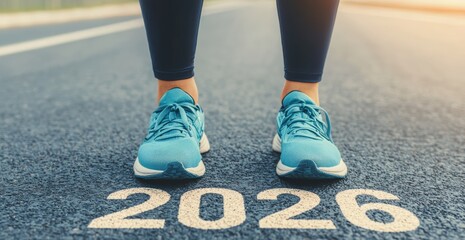 Obraz premium Athlete in running shoes standing on asphalt marking 2026, representing new year goals, fitness, and beginning a fresh future