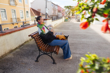 Casual weekend vibe with colorful attire and peaceful urban backdrop