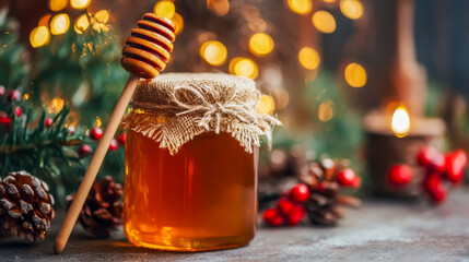 Jar of honey with a wooden dipper surrounded by pine branches, berries, candlelight and warm festive bokeh. Cozy Christmas atmosphere with natural rustic holiday decor.
