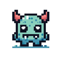 Obraz premium Pixel Art Cute Blue Monster Character with Horns and Big Eyes